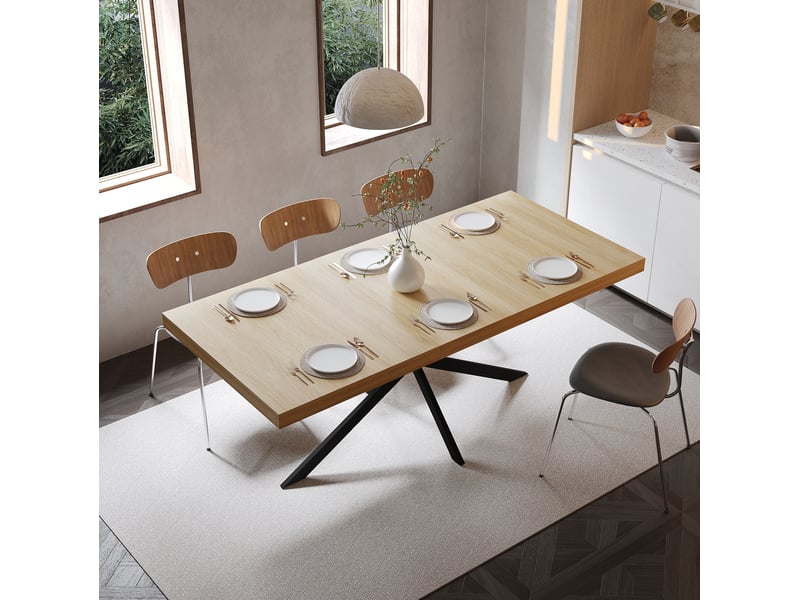 Table de salle à manger extensible 140-180 cm 4 à 6 places, mdf et métal noir avec rangement caché intégré - Conforama B