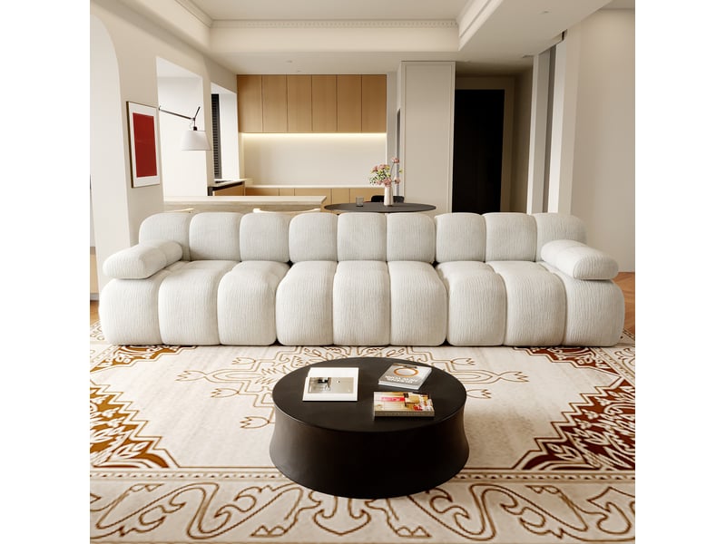Canapé droit 3 places compressé 300x100x68 cm en mousse douce et tissu chenille couleur blanc, moderne - Conforama B