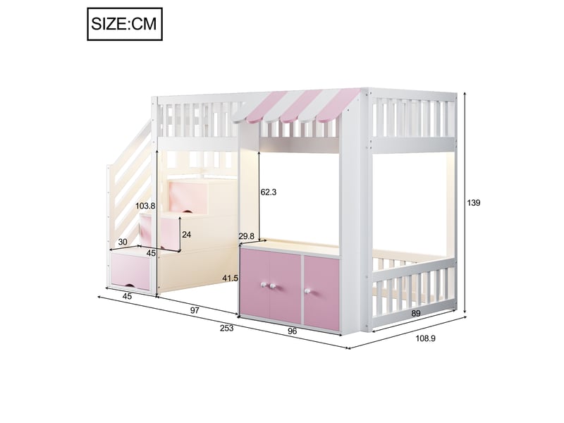 Lit mezzanine enfant simple 90×200 cm avec escalier de rangement et led - okmyhome- rose et blanc, sans matelas - Conforama D