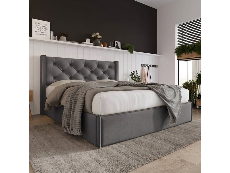  Lit coffre 140x200 capitonné avec sommier à lattes en bois et rangement hydraulique, gris  - Conforama D