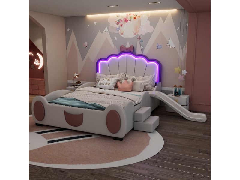  Lit enfant 140x200 cm avec toboggan et éclairage led, polyuréthane (pu) et mdf, rose et blanc sans matelas  - Conforama E