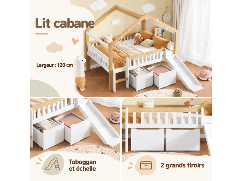  Lit cabane 120x200cm, 3 tiroirs, barrières et fenêtre décorative, guirlande lumineuse, pin et mdf, blanc et naturel OMNIGLINT TRADING LTD - Conforama E