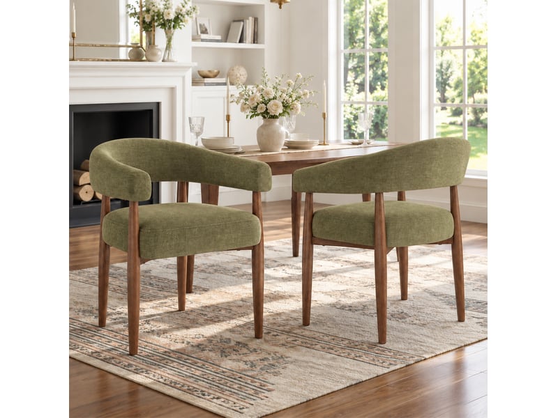  Lot de 2 chaises de salle à manger avec accoudoirs, tissu chenille vert olive, métal aspect noyer, style moderne  - Conforama B