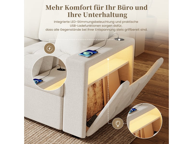 Canapé d'angle modulable 4 places beige avec pouf de rangement, ports usbtype-c et éclairage led, tissu lin respirant - Conforama R