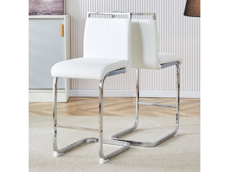 Lot de 2 tabourets de bar scandinaves simili cuir blanc pieds métal argent h.96.5 cm cuisine restaurant - Conforama R