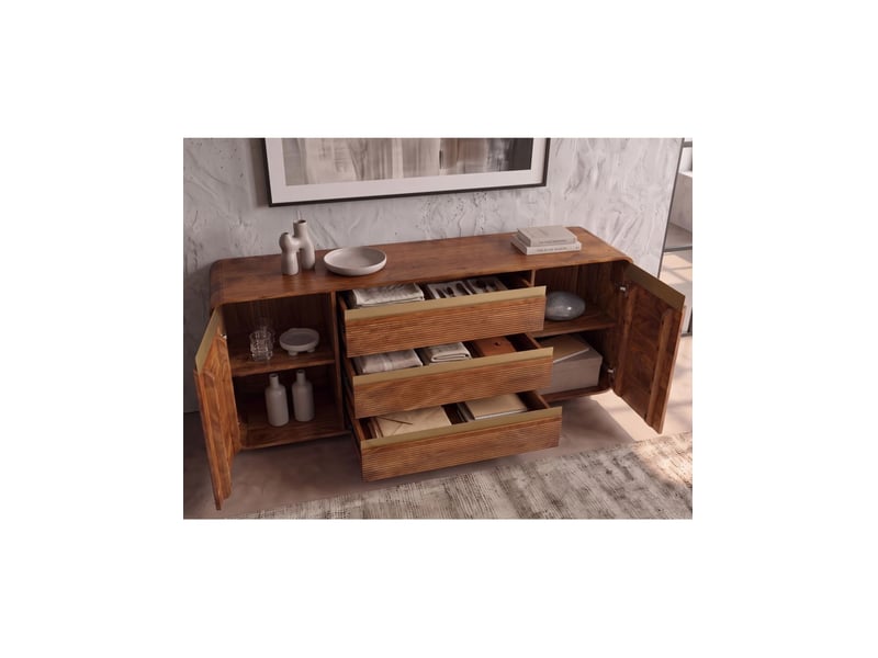 Buffet modena 2 portes 3 tiroirs - bois de manguier marron et doré - 177cm - Conforama E
