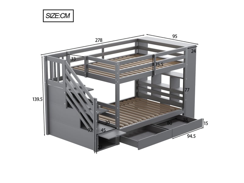  Lit superposé enfant en bois 90x200cm avec escalier de rangement,2 tiroirs et grand meuble de rangement,barrière haute,pin,métal et mdf,gris  - Conforama C