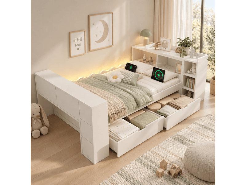  Lit simple 90x200 cm avec 2 tiroirs, led, station de charge, bureau coulissant et tête de lit flexible, blanc  - Conforama D