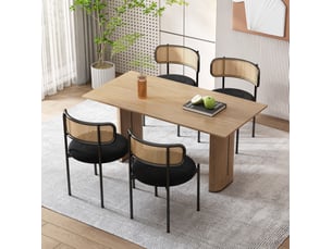 Chaise de salle à manger par 4 avec dossier en rotin courbé et pieds en métal, assise en velours noir