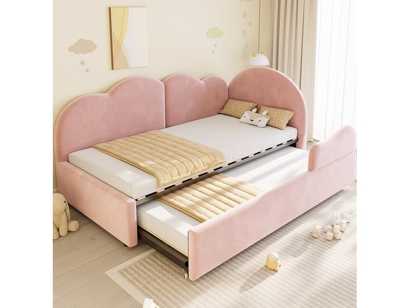  Lit gigogne modenvie l 90 x 200 cm en velours rose avec tête de lit en forme de nuage  - Conforama B