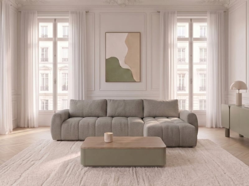  Bobochic canapé d'angle réversible convertible coffre fuji ouverture express tissu chiné gris clair  réversible FUJI - Conforama B