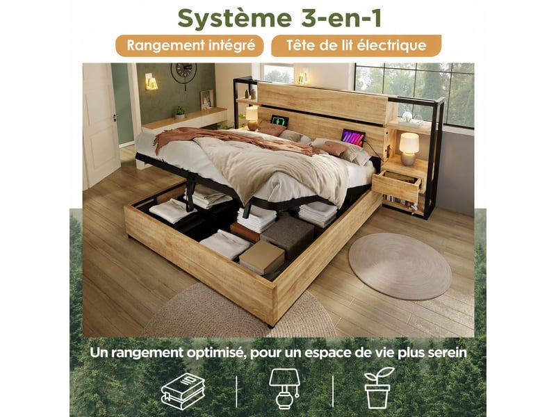  Lit coffre hydraulique avec tiroirs et usb type-c, chêne et noir, 160 x 200 cm  - Conforama D
