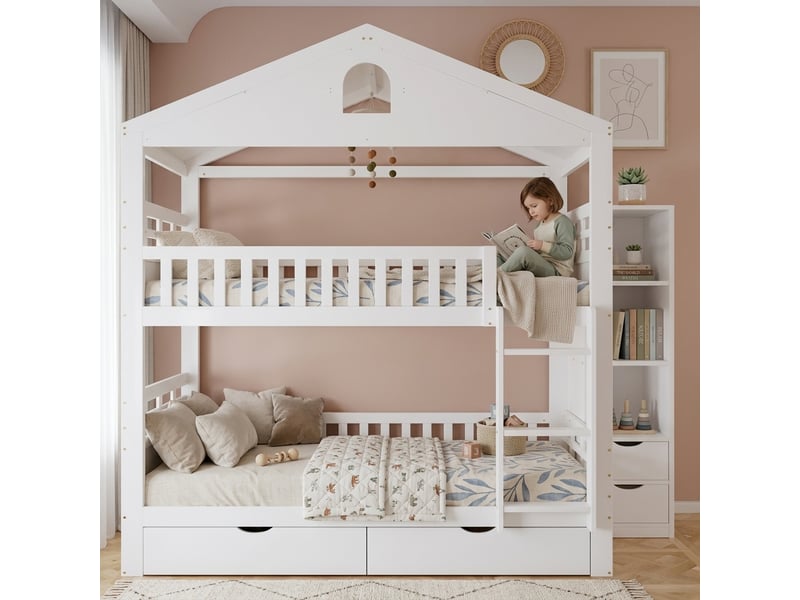  Lit superposé 3 places 90 x 200 et 140 x 200 cm avec usb, lit familial en bois massif avec lit gigogne et rangements, sommiers inclus, noir  - Conforama C