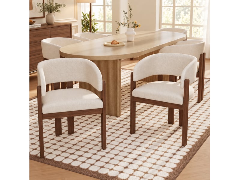  Chaise de salle à manger lot de 2 avec accoudoirs et dossier incurvé pour salon en bois et tissu bouclé beige et noyer  - Conforama E