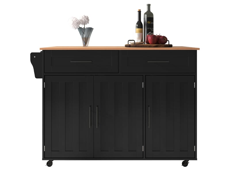  Îlot de cuisine noir avec plateau rabattable, chariot de service sur roulettes avec 2 tiroirs et armoires de rangement, 129x46x91,5cm  - Conforama R