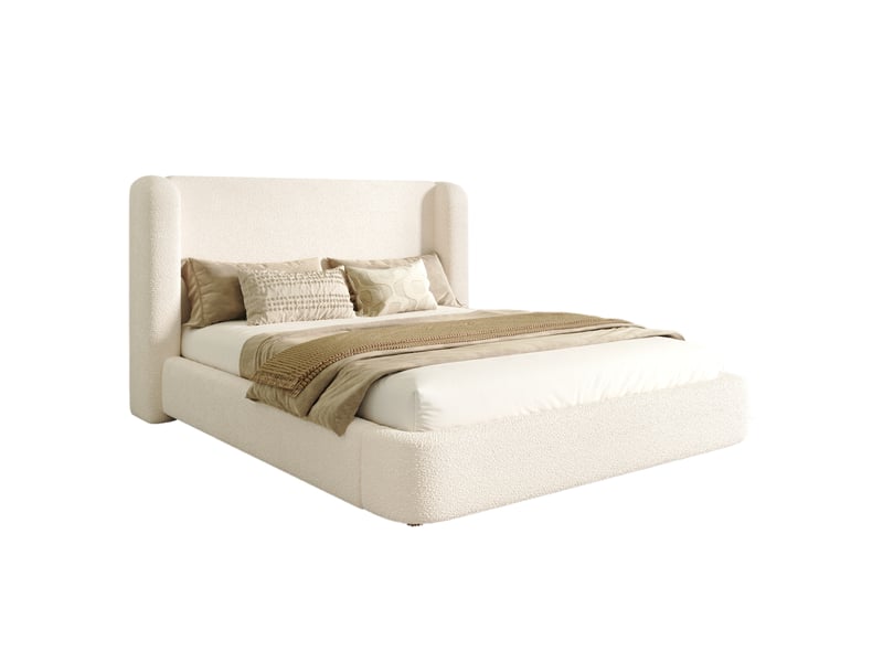  Lit double 180x200 cm en tissu bouclette beige avec sommier à lattes et tête de lit rembourrée, sans matelas  - Conforama A