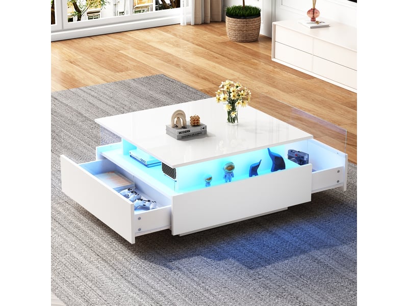  Table basse brillant carrée en panneaux de particules avec lumière led,2 tiroirs et espace de présentation transparent,blanc table basse blanc - Conforama B