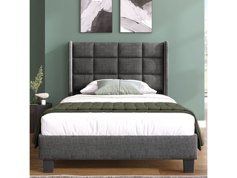  Lit simple 90x200 cm avec sommier à lattes, lit adulte avec tête de lit rembourrée, design moderne, lin, gris  - Conforama D