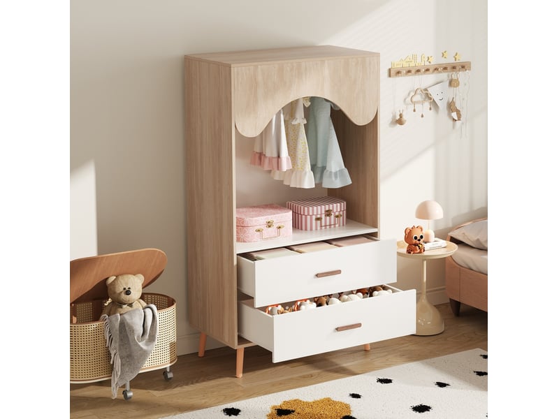  Armoire ouverte avec tringle et 2 tiroirs pour chambre d'enfant, en mdf blanc et bois naturel, 80 × 46 × 141,5 cm  - Conforama C