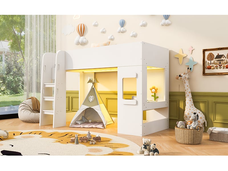  Lit mezzanine 90x200 cm,petit bureau, échelle avec mains courantes, panneaux hauts et led,mdf et contreplaqué, blanc  - Conforama B
