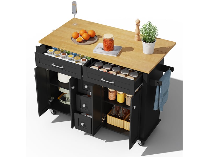  Desserte de cuisine 140x65x89 cm avec plateau rabattable, 5 tiroirs, placards, porte-épices et porte-serviettes mdf noir et naturel  - Conforama B