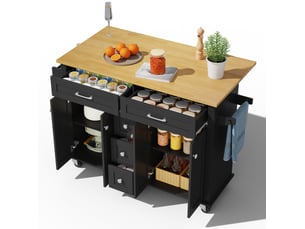 Desserte de cuisine extensible 140x65x89 cm avec 5 tiroirs, mdf, noir et naturel