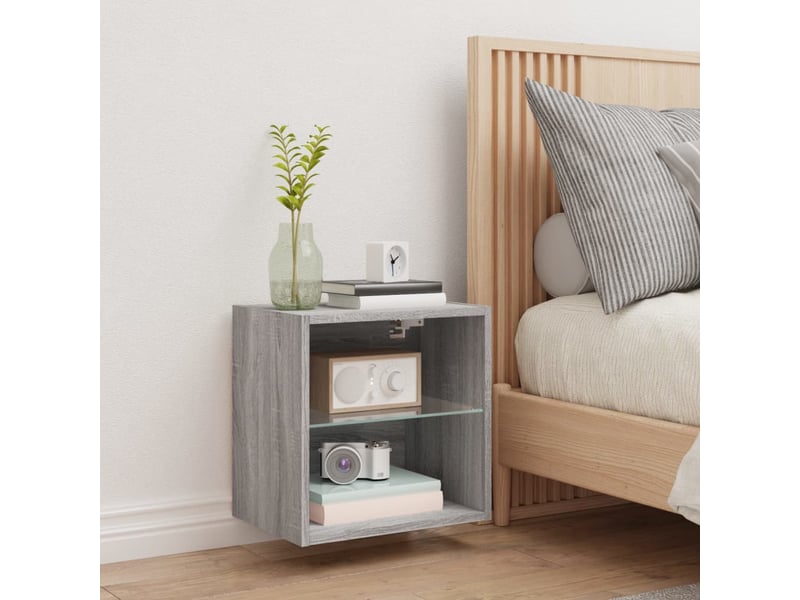  Table de chevet - cabinet de chevet - table de nuit murale avec lumières led sonoma gris  - Conforama C