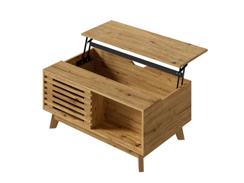  Table basse avec plateau relevable, design rétro moderne aspect bois, porte coulissante à persiennes, espace de rangement caché, 90x55 cm  - Conforama A
