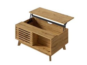 Table basse avec plateau relevable, design rétro moderne aspect bois, porte coulissante à persiennes, espace de rangement caché, 90x55 cm