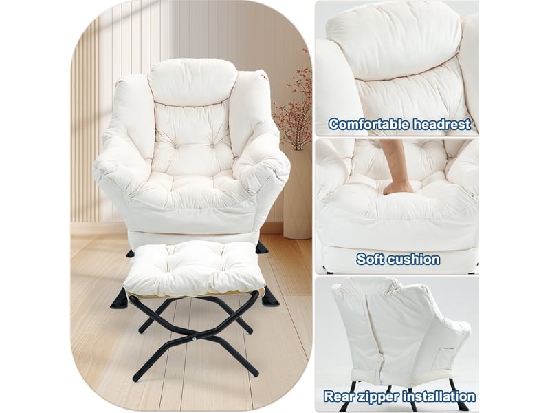  Fauteuil relax modenvie avec repose-pieds pliant et poche latérale 75 x 80 x 85 cm blanc cassé métal  - Conforama E