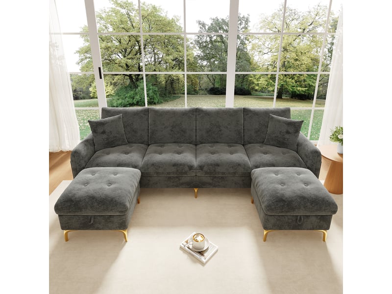  Canapé modulable en u 4 places, canapé en chenille gris avec 2 poufs de rangement - design capitonné et coussins amovibles pour grand salon  - Conforama B