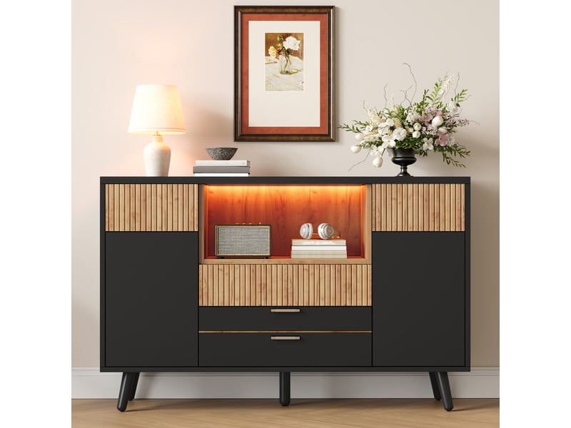  Buffet bas 130x38x85 cm avec 4 tiroirs, led rgb, rangements de porte, étagères réglables, façades rainurées, mdf effet bois naturel et noir  - Conforama C