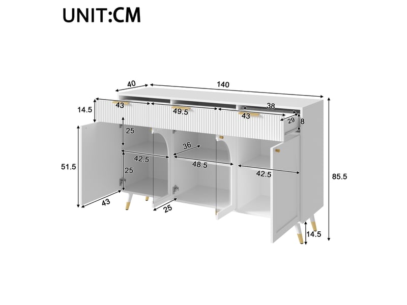  Buffet 140x40x85,5 cm 4 portes 3 tiroirs mdf blanc  - Conforama E