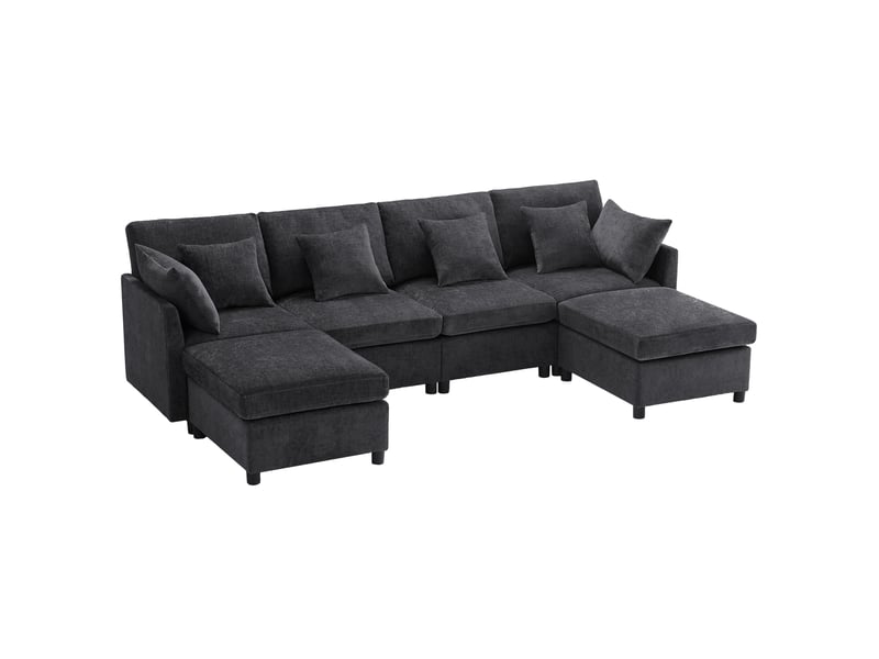  Canapé modulable gris en chenille avec 2 poufs et 6 coussins  - Conforama A