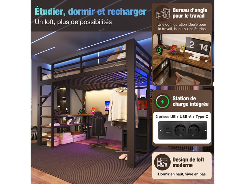  Lit mezzanine 140x200 cm en métal avec bureau d'angle, 7 tiroirs en tissu, led, prises eu, usbtype-c, brun vintage et noir.  - Conforama D