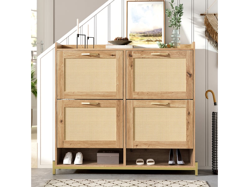 Meuble à chaussures élégant en bois avec portes en rotin, 4 portes, cadre métal et étagère supérieure pour rangement organisé - Conforama B