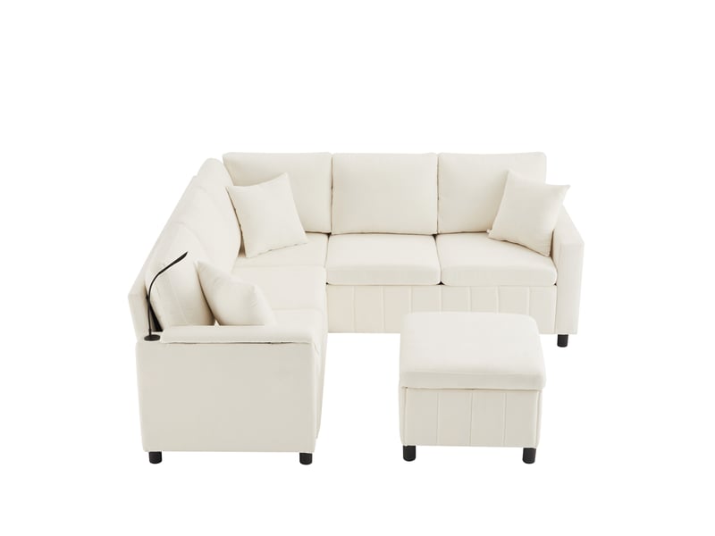  Canapé d'angle convertible tcqpz en chenille beige 205 x 205 x 85 cm avec fonction lit, usb type-c, lampe de lecture et table intégrée  - Conforama A
