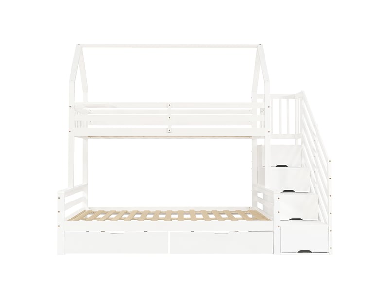  Lit superposé pour enfant, deux tiroirs sur roulettes, toit au design attrayant, avec barrière de sécurité et placard sous l'escalier, pin + mdf + contreplaqué, blanc, 90 x 200 cm et 140 x 200 cm  - Conforama E