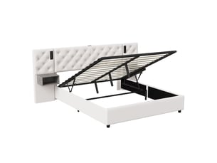 Lit double coffre - 160 x 200 cm - beige - velours, tête de lit capitonnée, éclairage led, tables de chevet intégrées et vérins hydrauliques
