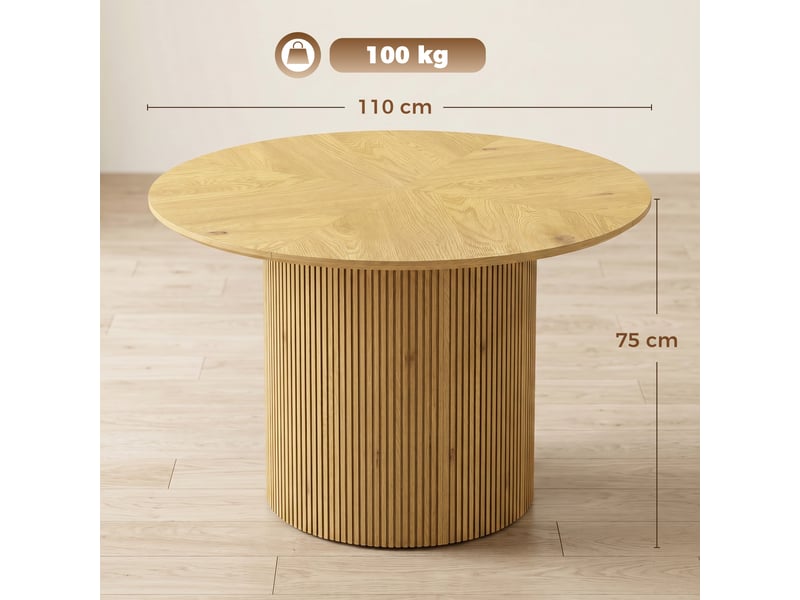 Table de salle à manger ronde moderne pour 4 à 6 personnes, table de cuisine de 110 cm avec piètement cylindrique rainuré, chêne - Conforama E