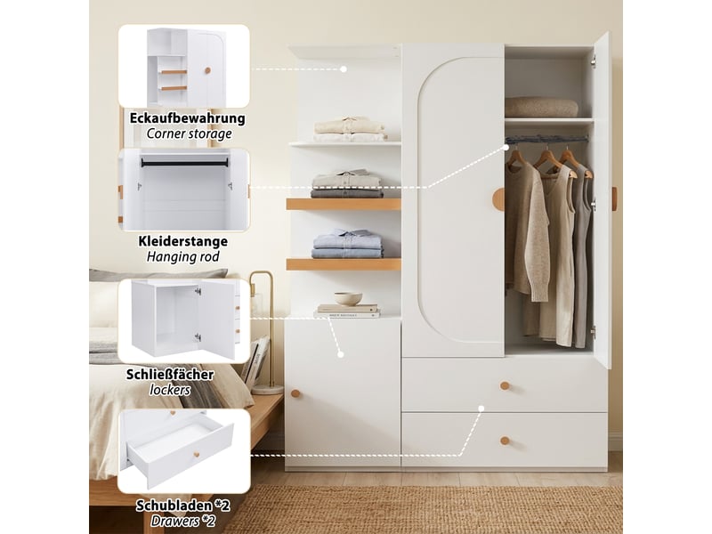  Armoire de rangement avec penderie, étagères ouvertes et 2 tiroirs - lpospi - mdf blanc et naturel  - Conforama E