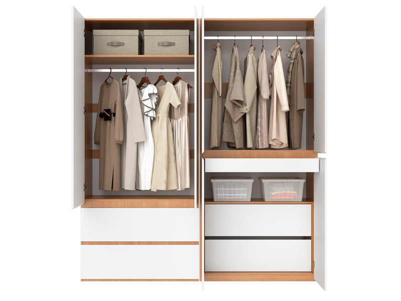 Armoire 6 portes blanche et bois clair, 2 penderies, 5 tiroirs, 180 x 50 x 200 cm pour votre rangement - Conforama A