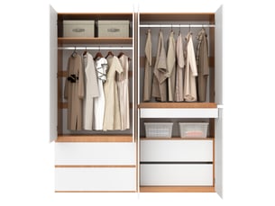 Armoire 6 portes blanche et bois clair, 2 penderies, 5 tiroirs, 180 x 50 x 200 cm pour votre rangement
