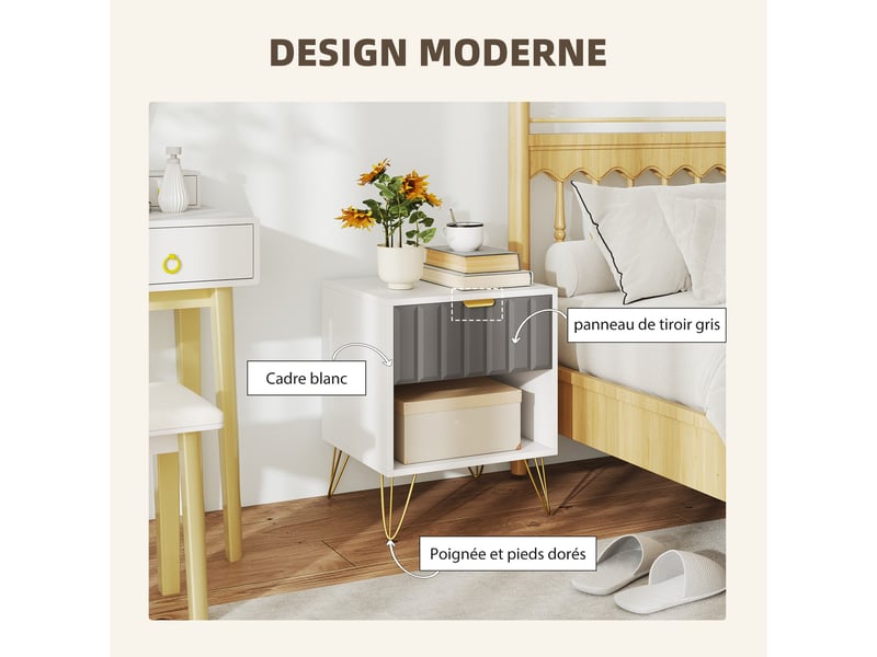  Table de chevet, table d'appoint compartiment ouvert, tiroir et poignée, pieds en acier, blanc, 45 x 40 x 55  - Conforama R