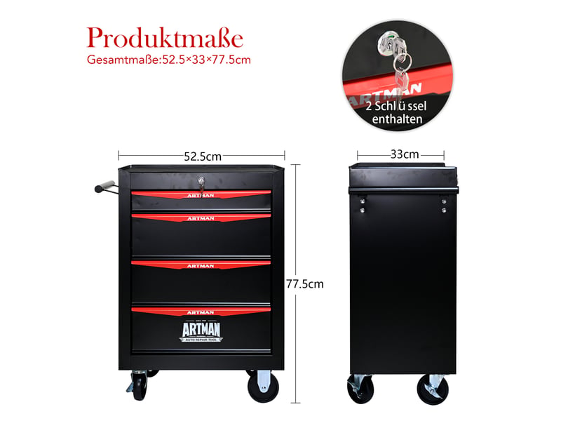  Servante d’atelier mobile 60x33x77,5 cm en acier noir et rouge, 4 tiroirs  - Conforama C