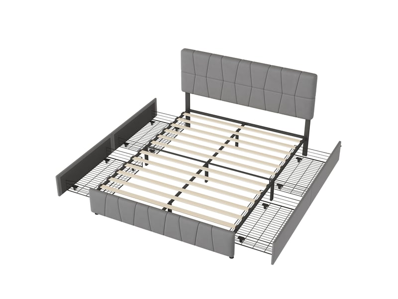  Lit double 160x200 cm,lit capitonné rembourré avec 4 tiroirs,sommier à lattes,lit 2 personnes pour adultes, gris,velours  - Conforama A