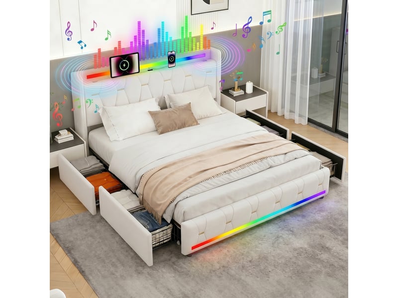  Lit 140x200 cm beige avec rangement, led, 4 tiroirs, ports usb+type-c sans matelas EBD855F-BG - Conforama B