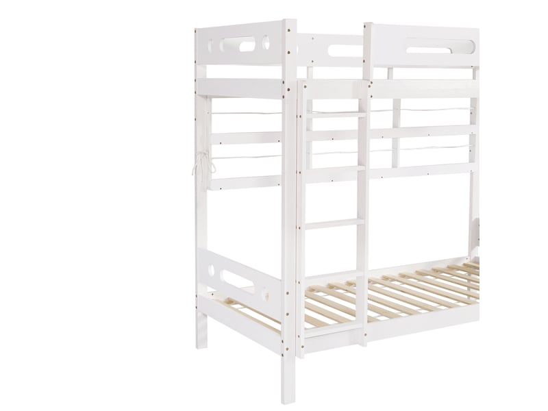  Lit superposé enfant avec tiroirs roulants, pinmdf blanc, 90x200cm, échelle 5 marches, étagère et rangements  - Conforama D