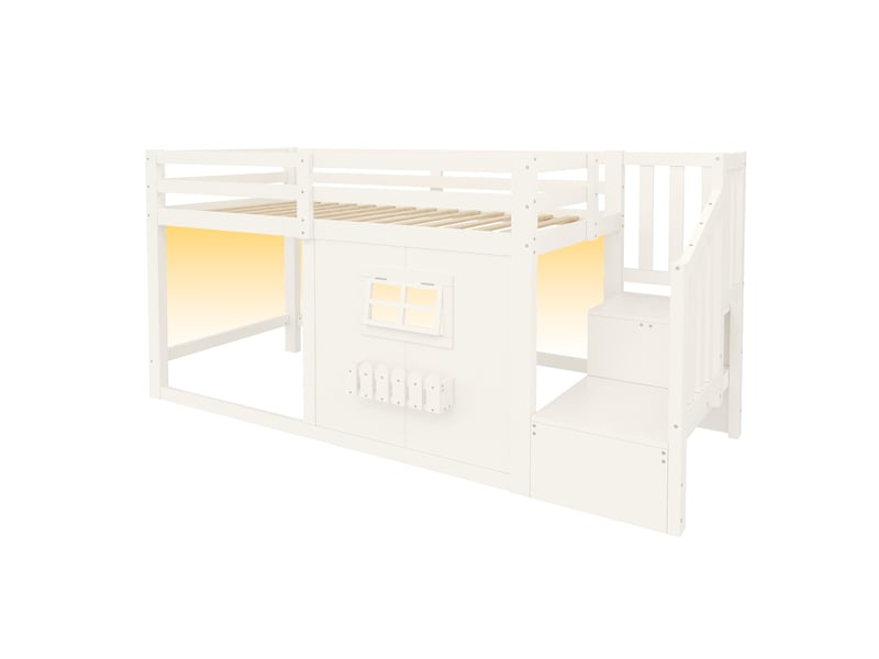 Lit mezzanine enfant simple 90×200 cm avec escalier de rangement et led réglable - okmyhome- blanc, sans matelas - Conforama A
