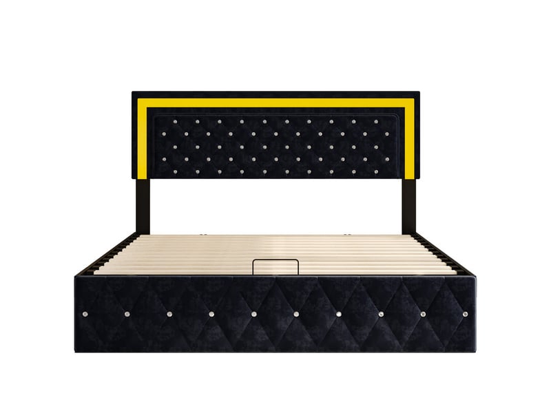  Lit coffre 2 places 160x200 cm, lit adulte avec rangement, tête de lit réglable, lit double, led, velours noir  - Conforama E